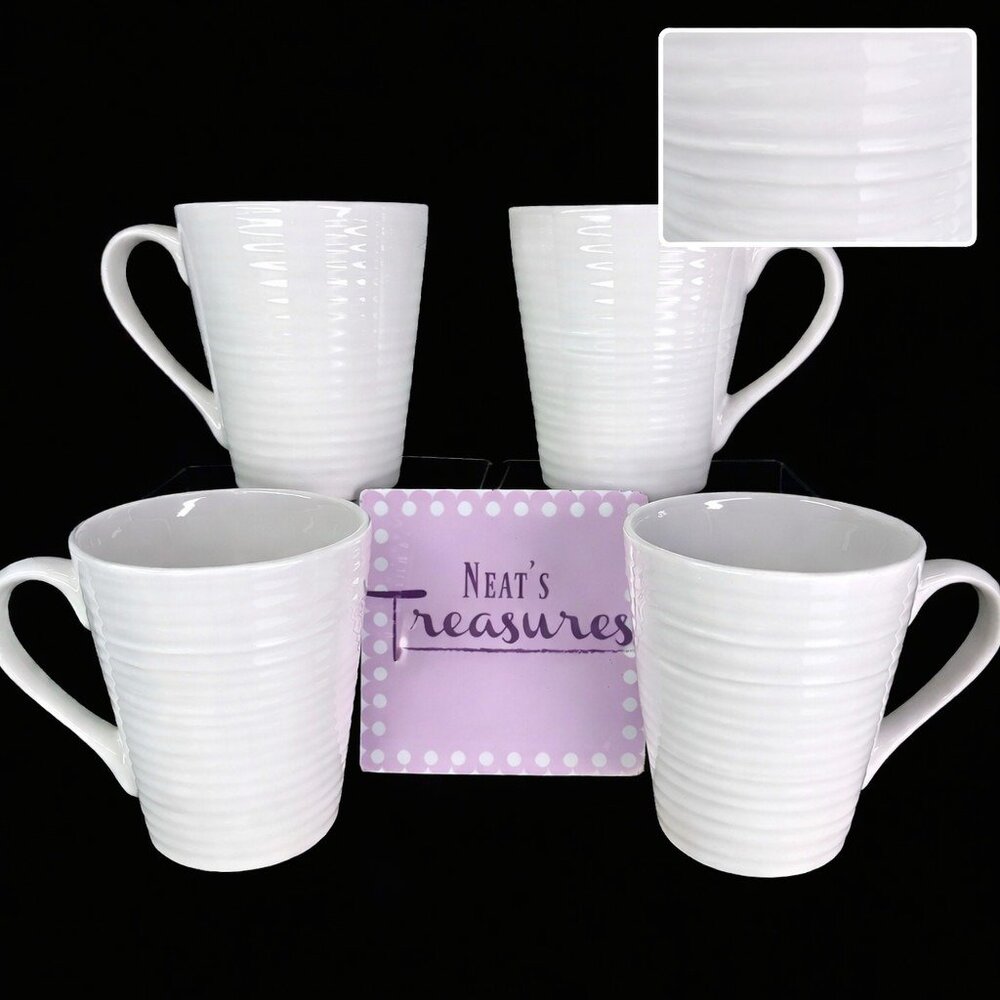 Food Network RIPPLE White Embossed Rings Stoneware 10 oz Handle Cups Mugs Set 4